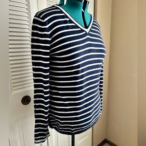 Talbots Navy White Striped V Neck Sweater XL Classic Preppy Lightweight